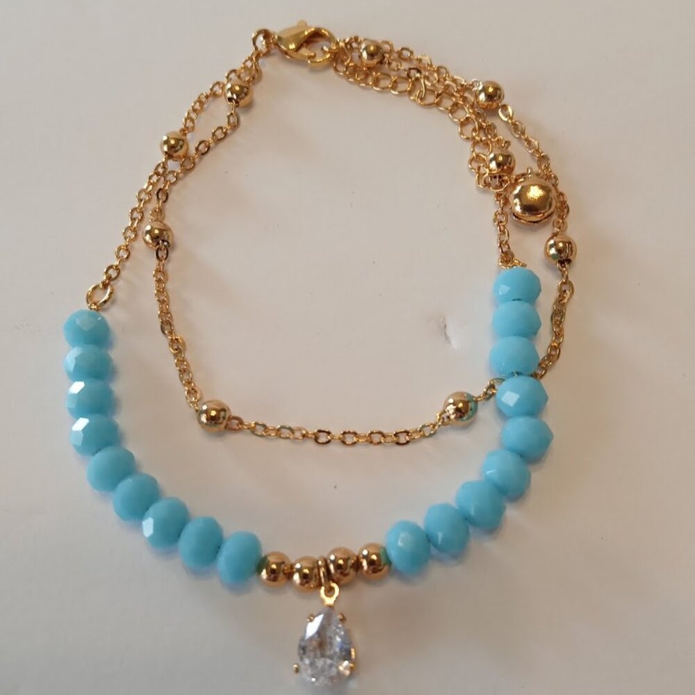 CASABLANCA Gold Plated Double LayerTurquoise Beaded Ankle Wrist Bracelet Charm